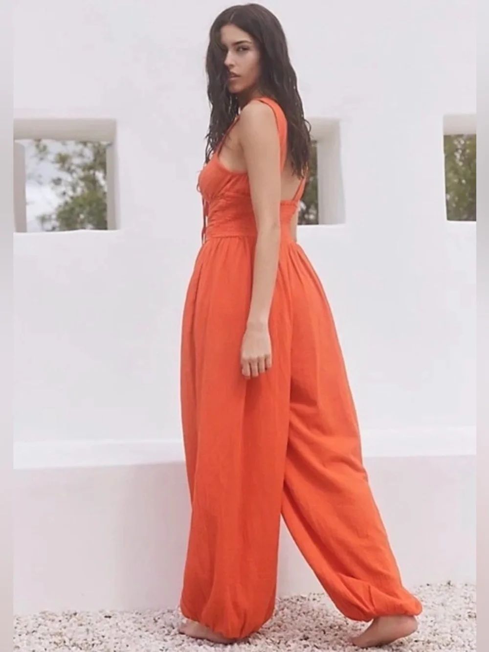 Free People Livin’ Lovely Crochet Cotton Jumpsuit Orange Small